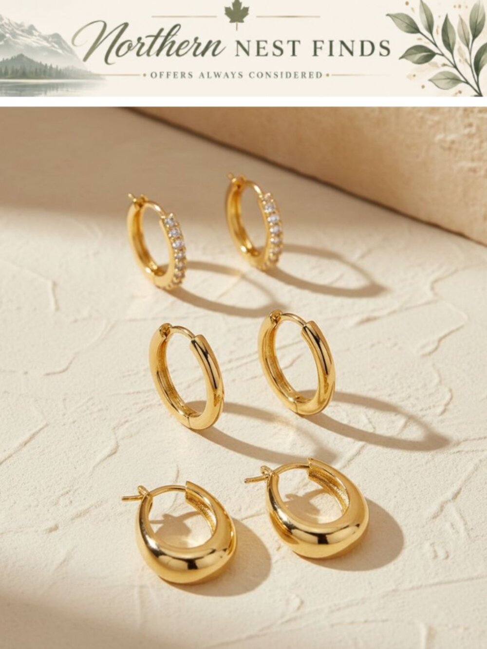 3 Pairs 14K Gold Plated Hypoallergenic Hoop Earrings Set for Women Lightweight